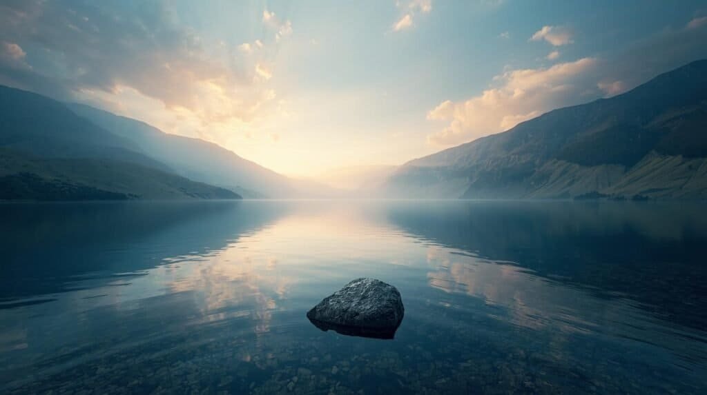 A panoramic shot of a calm, misty mountain lake or valley at dawn. The focus should be on stillness, clarity, and vastness—a sense of unshakeable peace that comes after a long climb.