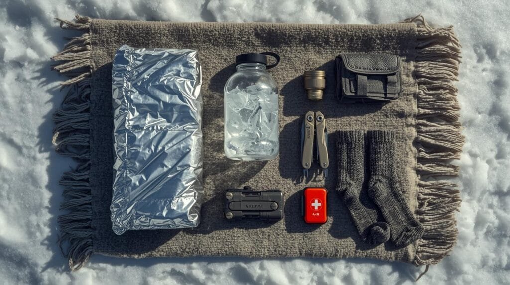 A "knolling" shot showing the gear organized. This is very popular in the gear/prepper niche. Prompt: An overhead flat lay photograph of essential winter survival gear arranged neatly on a rough wool blanket spread out on snow. Items include a folded mylar space blanket, a Nalgene water bottle with some ice inside, a tactical flashlight, a Leatherman multi-tool, thick wool socks, and a compact red first aid kit. Natural daylight.