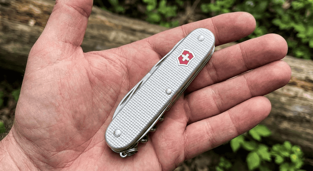 Close up of the Victorinox Pioneer X or the Skeletool in a hand, showing the size relative to a hand.