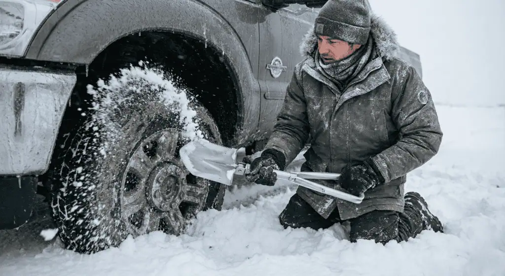 Showing the effort required to survive a stuck scenario. Prompt: A medium shot of a person dressed in heavy winter survival gear, kneeling in deep snow, vigorously digging out a buried truck tire using a small, collapsible aluminum snow shovel. Snow is flying. The person looks determined and exhausted. Gritty, documentary style.