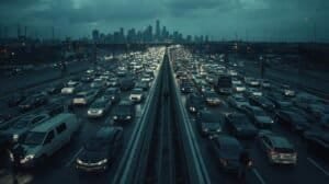 Aerial view of heavy traffic on a city highway with numerous cars and trucks during evening rush hour, highlighting urban transportation challenges.