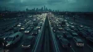Aerial view of heavy traffic on a city highway with numerous cars and trucks during evening rush hour, highlighting urban transportation challenges.