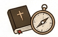 An illustration of a Bible and a compass representing adventure, faith, and exploration. Perfect for travel and spiritual journeys, emphasizing exploration with a focus on faith-based adventures.