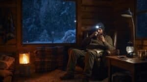 Man using a flashlight and smartphone inside a wooden cabin during a winter blackout, highlighting preparedness for winter emergencies.
