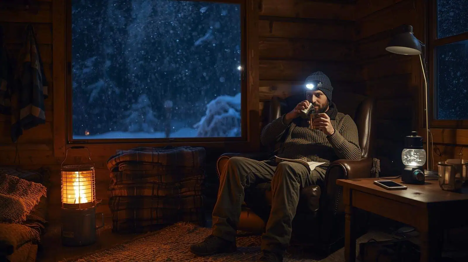 Man using a flashlight and smartphone inside a wooden cabin during a winter blackout, highlighting preparedness for winter emergencies.