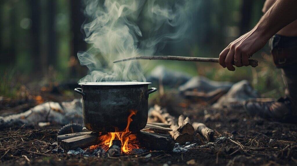 Pot over fire with smoke