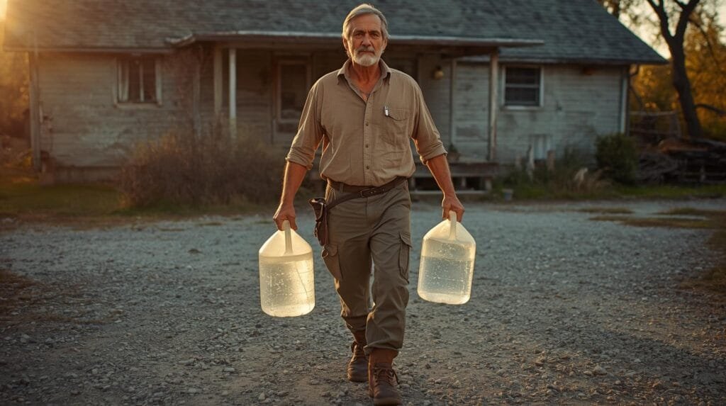 A rugged man in his 50s carrying two heavy water jugs across a gravel driveway near a rural home, wearing boots and work clothes, evening sunlight, functional strength and preparedness concept, realistic photography, high detail, no branding, no text.