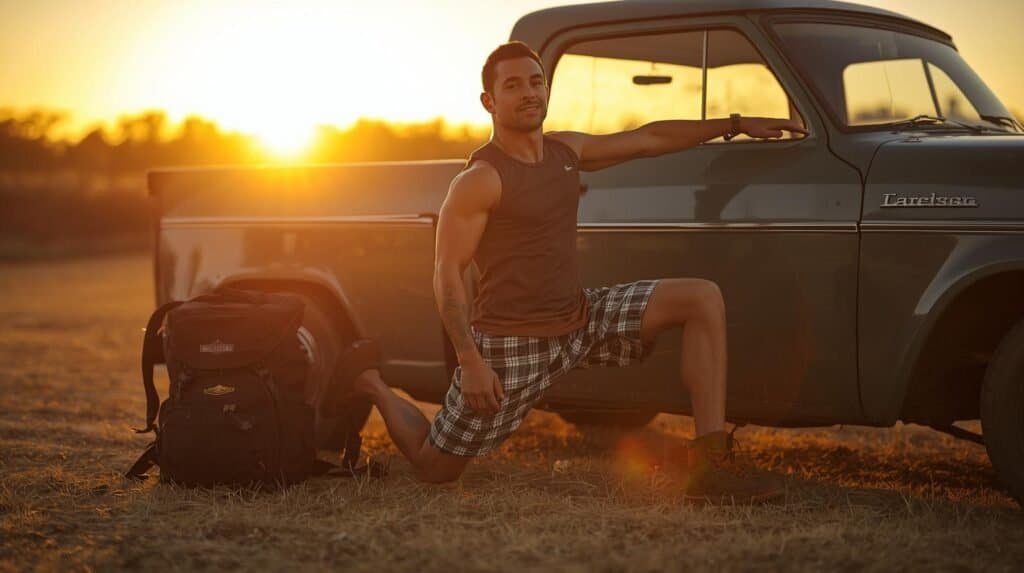 A thoughtful photo of a fit older man stretching beside a pickup truck in a rural setting at sunset, backpack and boots nearby, calm expression, focus on mobility and recovery, warm lighting, preparedness lifestyle theme, ultra realistic, cinematic tone, no logos, no text.