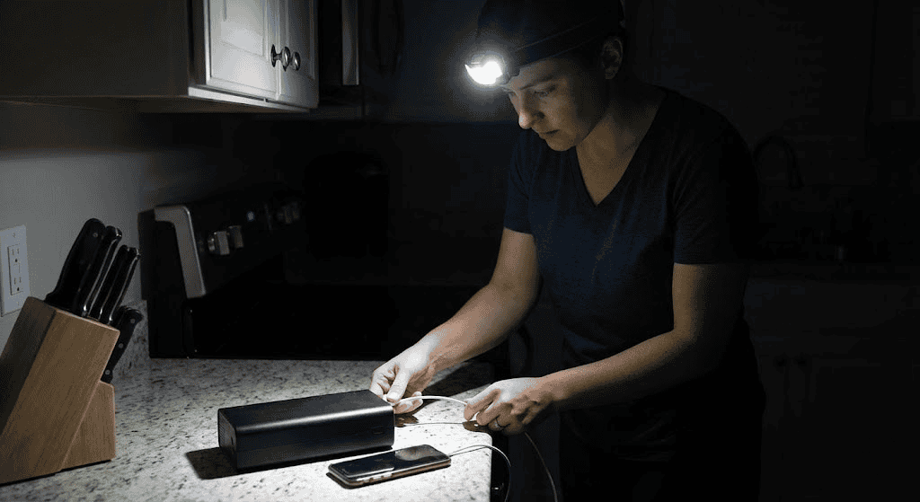 Person charging phone in dark kitchen
