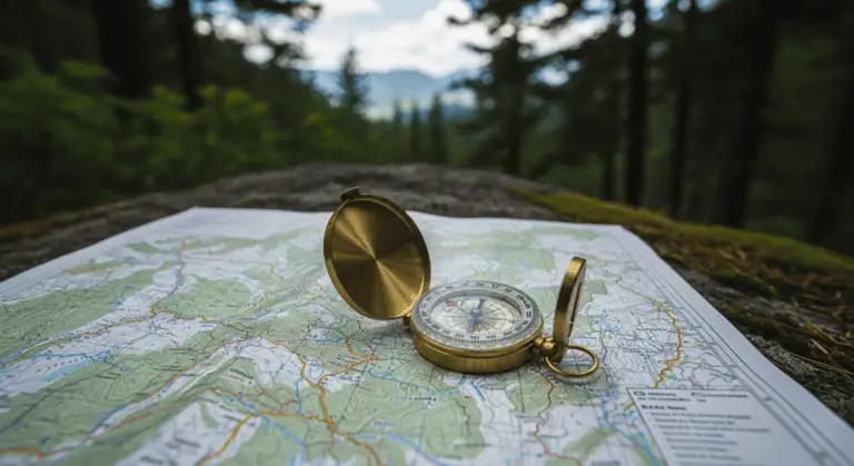 Topographic map with compass on a forest trail, illustrating land navigation skills for outdoor adventures.