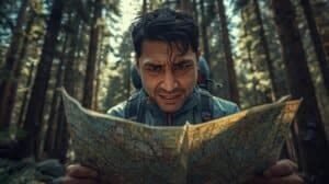 A man in a forest looks confused and worried while examining a map, highlighting the importance of staying oriented when exhausted, injured, or sick during outdoor adventures.