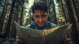 A man in a forest looks confused and worried while examining a map, highlighting the importance of staying oriented when exhausted, injured, or sick during outdoor adventures.