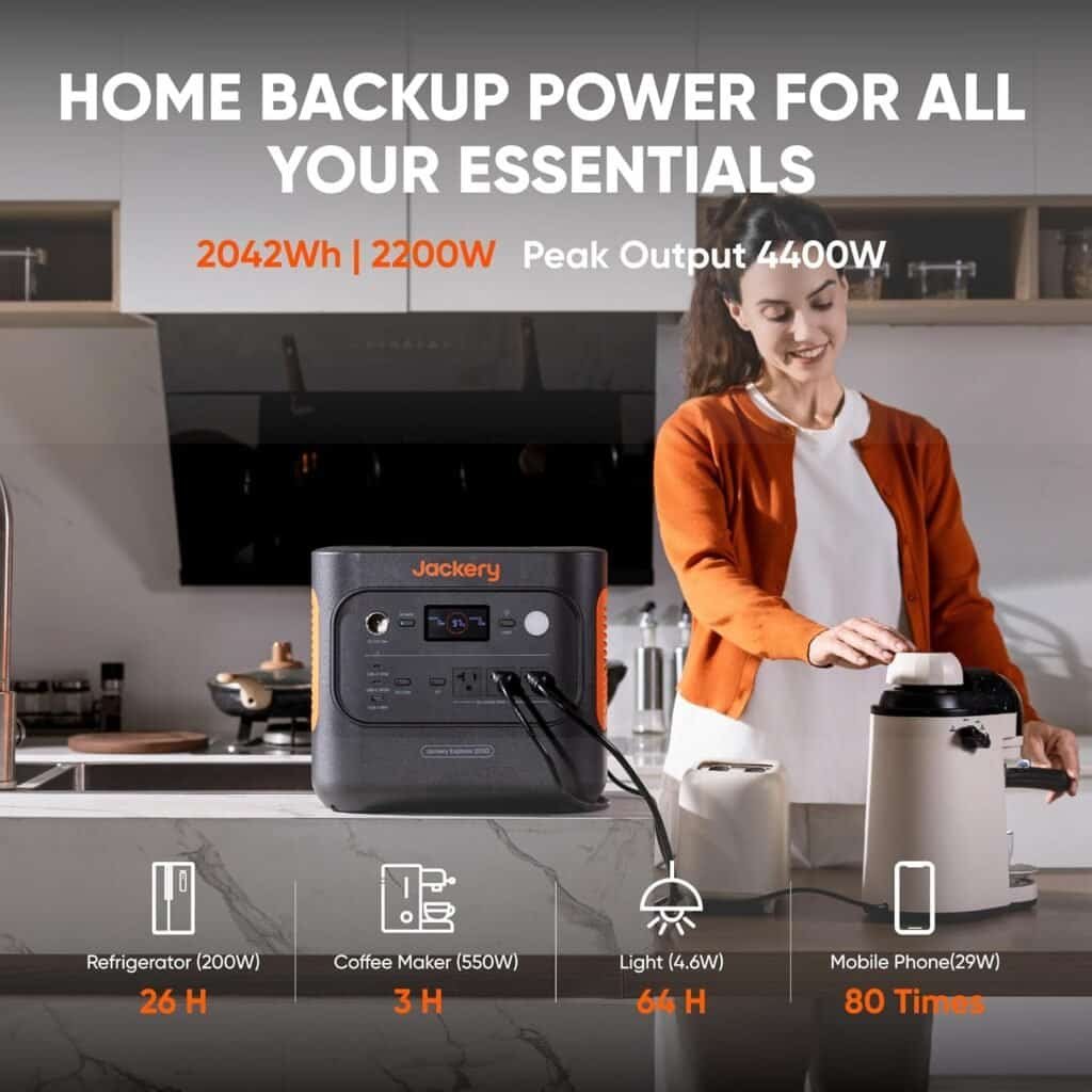 Jackery Explorer 2000 v2 Portable Power Station, 2042Wh LiFePO4 Home Backup Battery, 2200W Solar Generator, USB-C PD 100W Fast Charging for Emergencies,...
