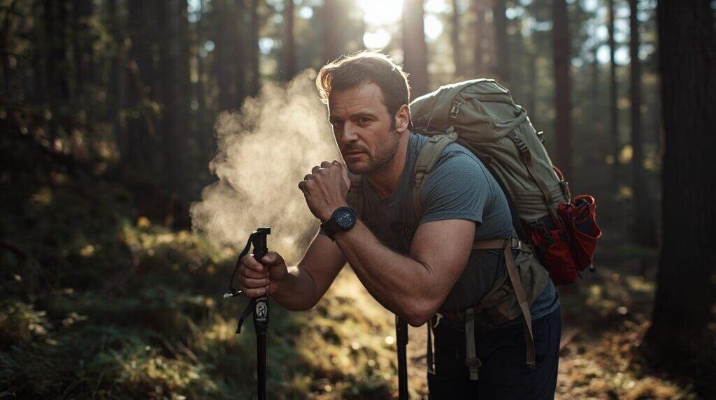 A realistic photo of a middle-aged man resting briefly on a forest trail, leaning on trekking poles with a backpack beside him, breathing calmly, sweat visible, sunlight filtering through trees, outdoor endurance and survival fitness theme, natural lighting, cinematic depth of field, no text, no logos, ultra high resolution.