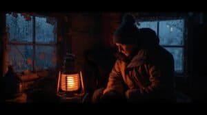 Person bundled up with a beanie and jacket sitting inside a cabin during a winter power outage, using a lantern for warmth and light.