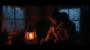 Person bundled up with a beanie and jacket sitting inside a cabin during a winter power outage, using a lantern for warmth and light.