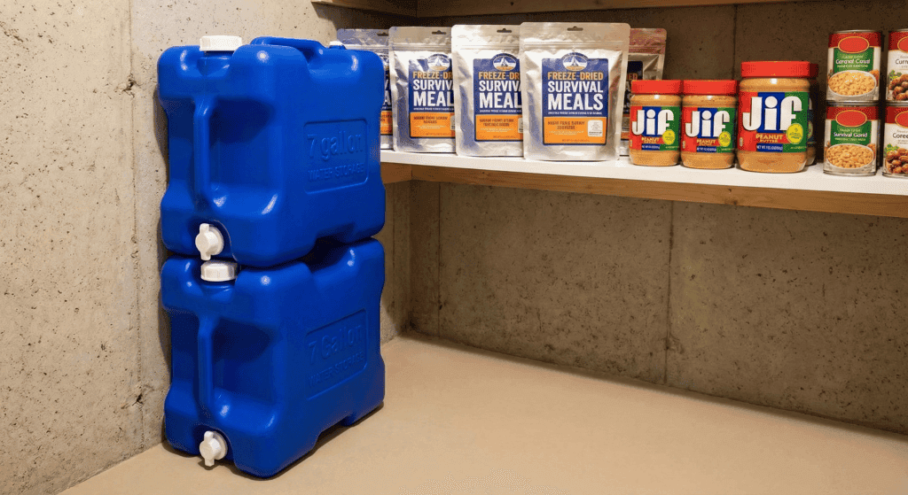 Blue water containers on a shelf