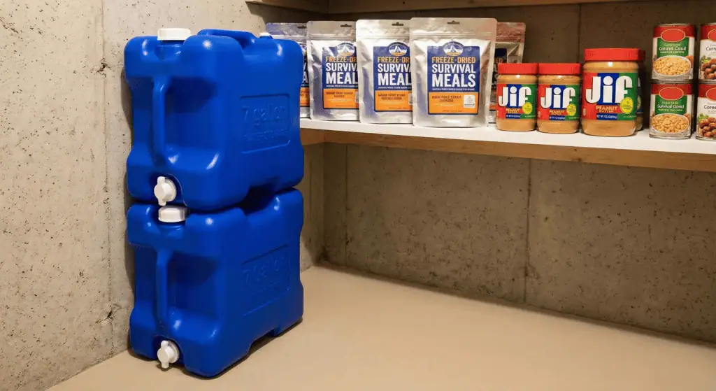 Blue water containers on a shelf