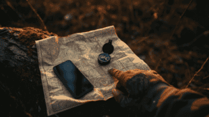 A person’s gloved hand holding a compass and smartphone on a map in an outdoor wilderness setting, emphasizing navigation when phone batteries die.