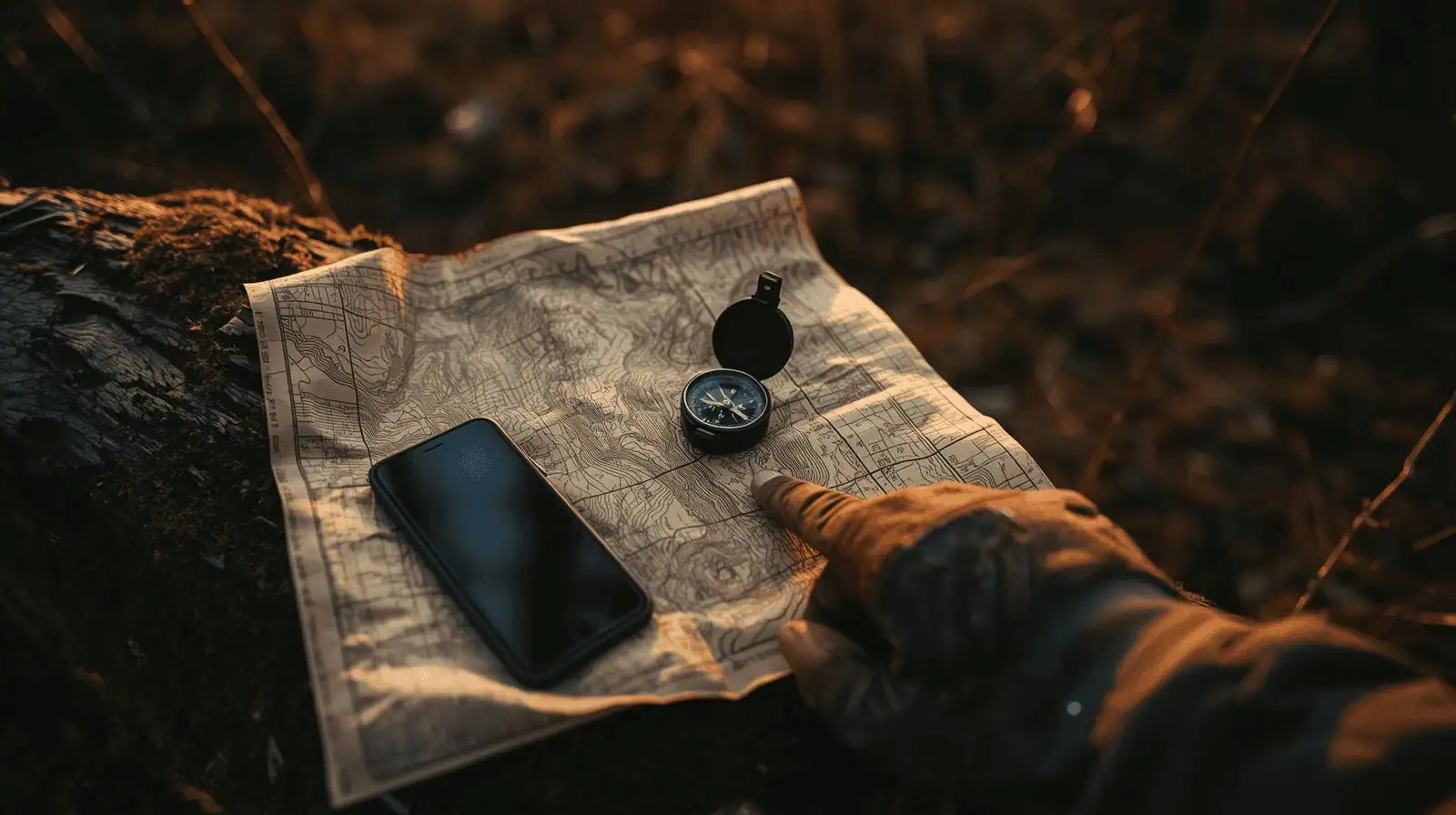 A person’s gloved hand holding a compass and smartphone on a map in an outdoor wilderness setting, emphasizing navigation when phone batteries die.
