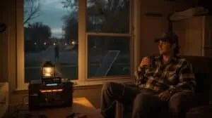 Young man relaxing indoors during a power outage with a solar generator and lantern providing light, highlighting reliable backup power solutions for emergencies.
