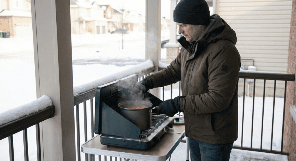 Person cooking on snowy porch
