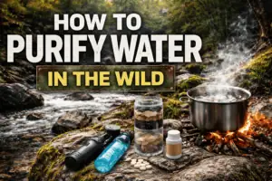 Outdoor water purification setup with a boiling pot, water bottles, and purification tablets on a rocky streamside. Perfect for wilderness survival and outdoor adventures.