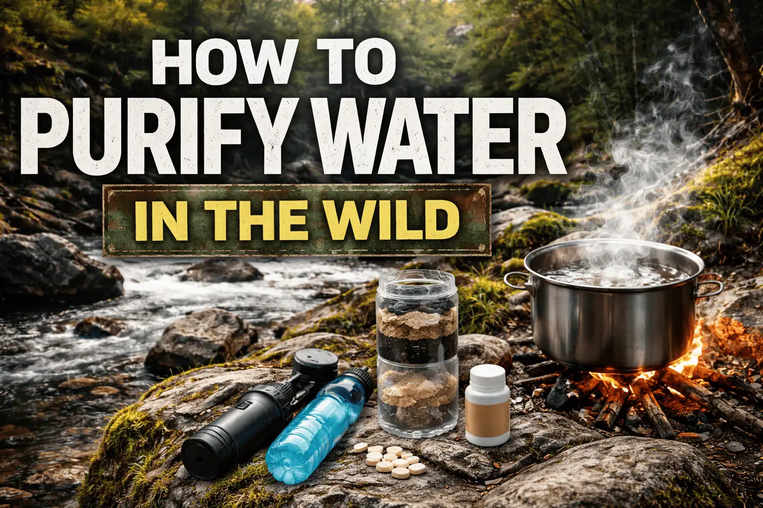 Outdoor water purification setup with a boiling pot, water bottles, and purification tablets on a rocky streamside. Perfect for wilderness survival and outdoor adventures.