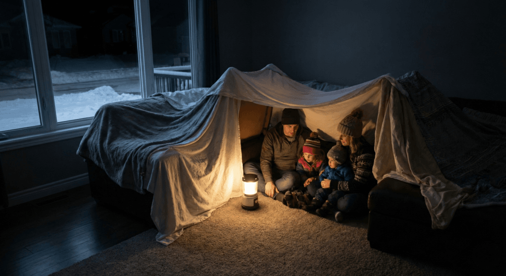 Family indoors creating a blanket fort.