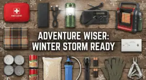 Essential winter storm survival kit with first aid, flashlight, portable heater, and outdoor gear for safe adventures during harsh weather.