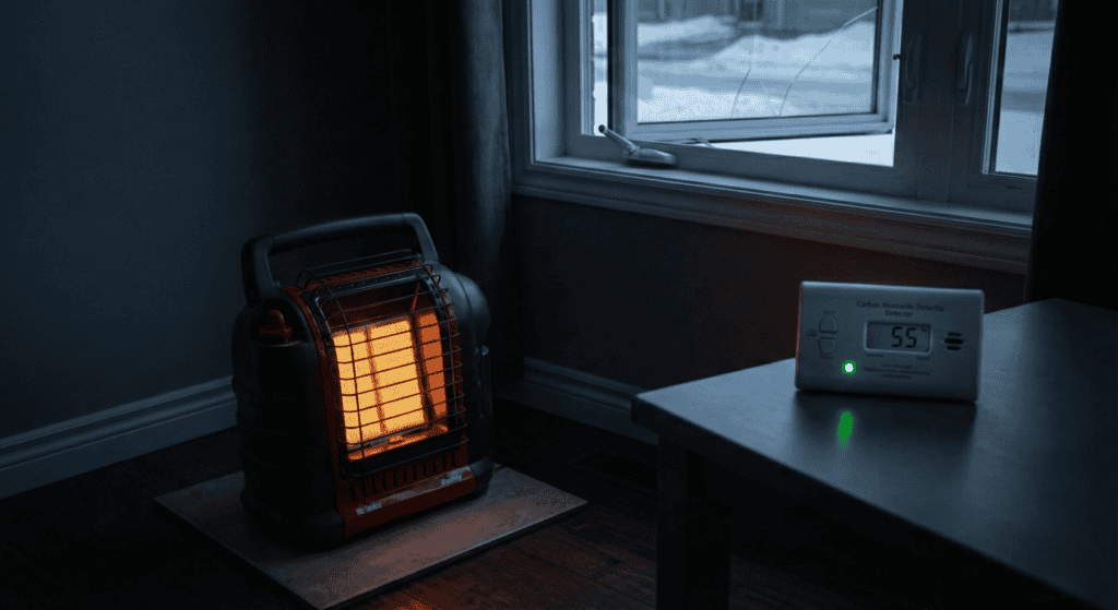 Space heater near window, cold outside.