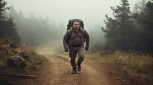 Man hiking on a foggy forest trail with a backpack, emphasizing outdoor physical fitness and preparedness.