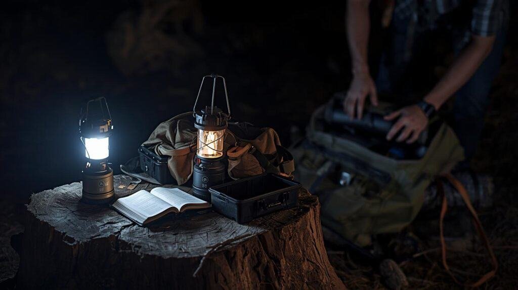 Lanterns illuminating a campsite at night.
