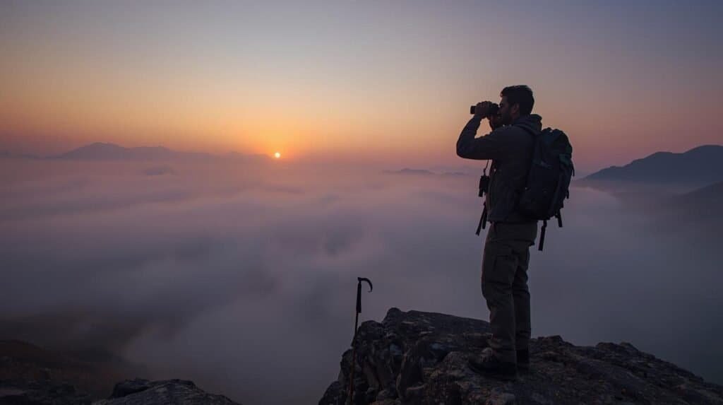 Hiker observing sunrise over valley.