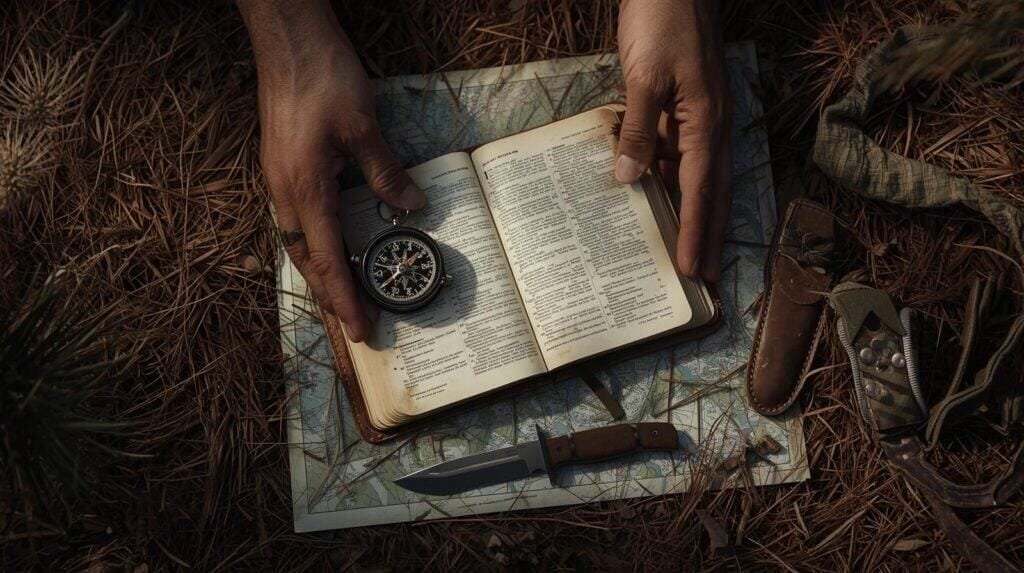 Compass and map on forest floor.