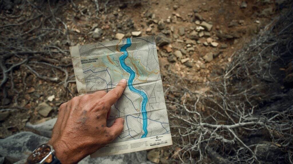 Person pointing at a map outdoors.