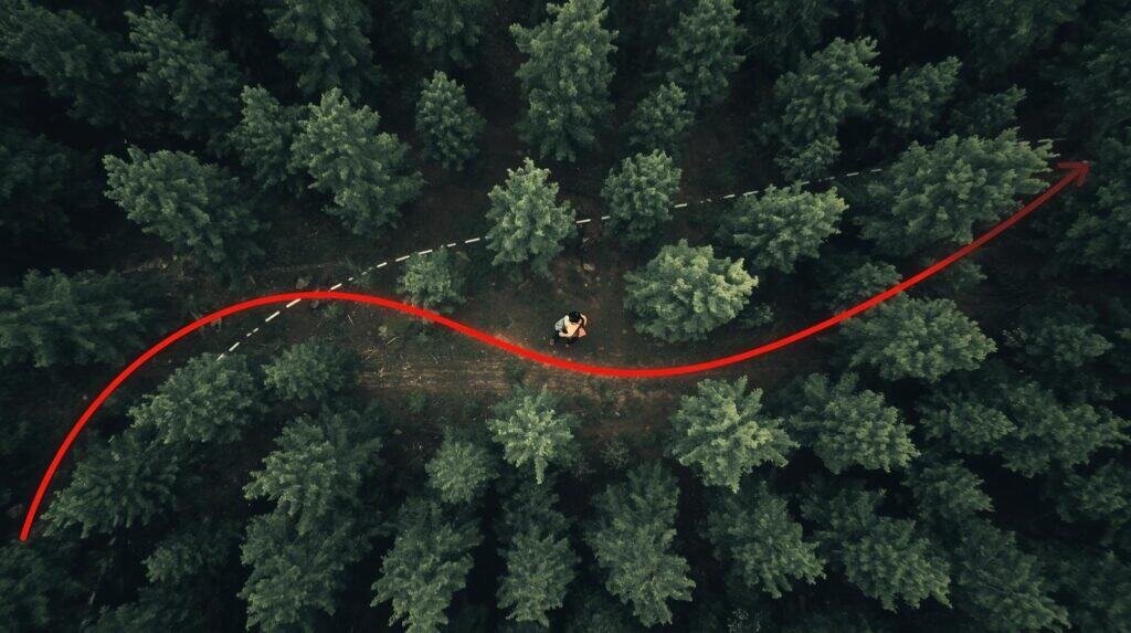 Winding path through dense forest