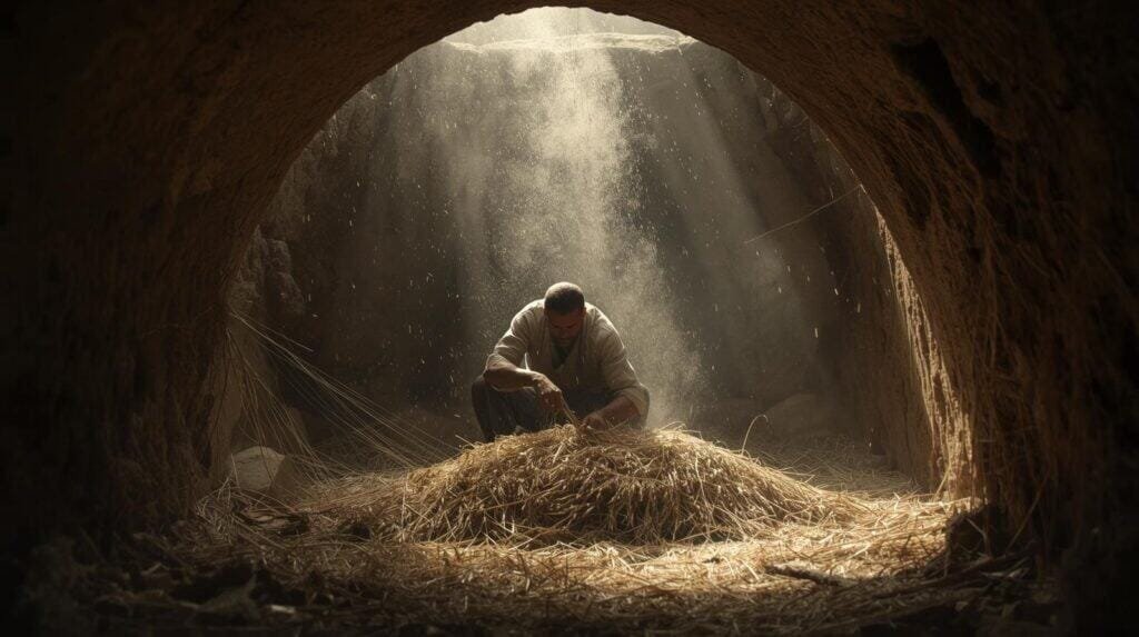 Gideon threshing wheat in a winepress in Judges 6