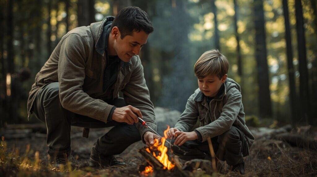 Father and son by campfire