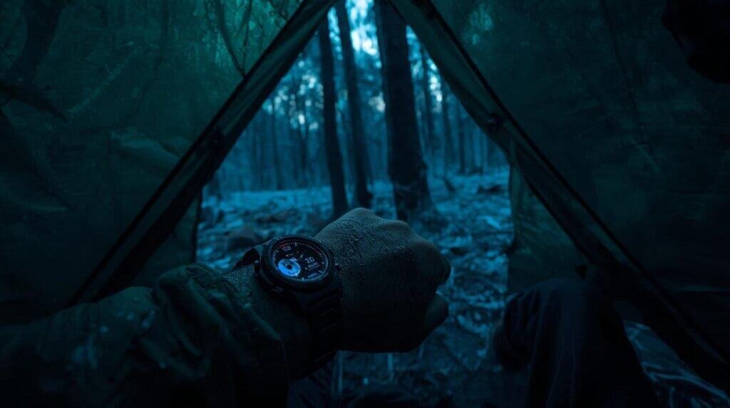 Person inside tent checking watch