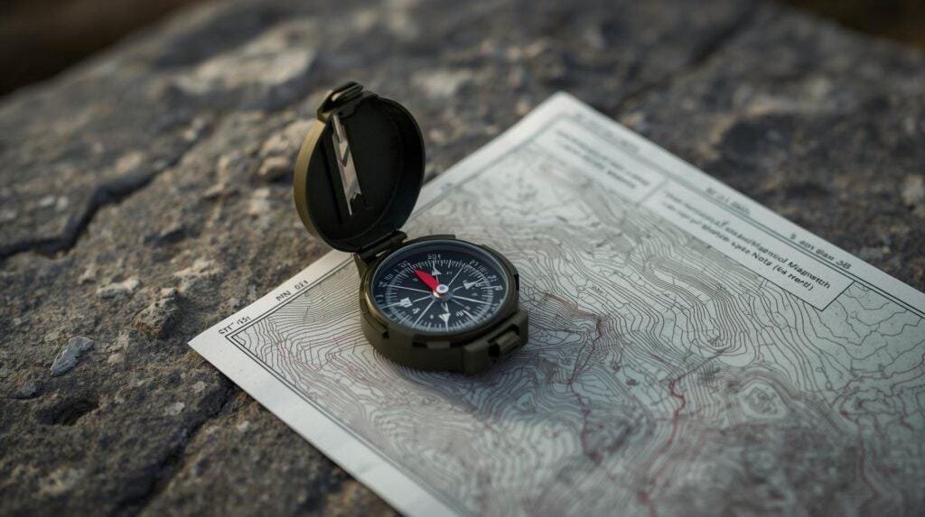 Compass on map, outdoor navigation tools.