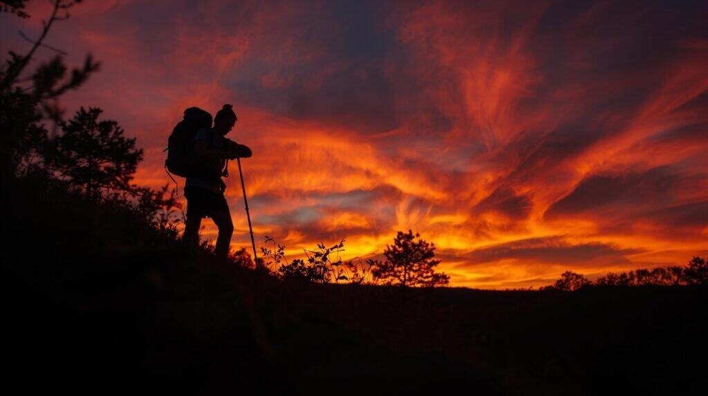 Hiker silhouetted against vibrant sunset.