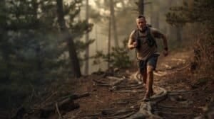 Man trail running through a dense forest trail, demonstrating endurance and outdoor preparedness for survival skills.