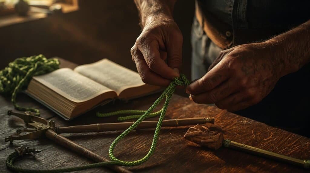 Hands tying green rope with tools