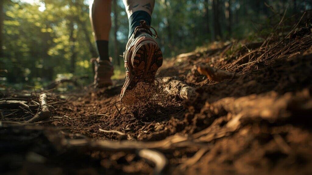 Runner on a forest trail at sunset.