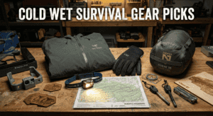 Essential cold and wet weather survival gear displayed on a wooden table, including a jacket, gloves, headlamp, map, and compact tools for outdoor emergencies.