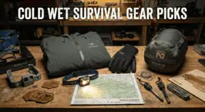 Essential cold and wet weather survival gear displayed on a wooden table, including a jacket, gloves, headlamp, map, and compact tools for outdoor emergencies.
