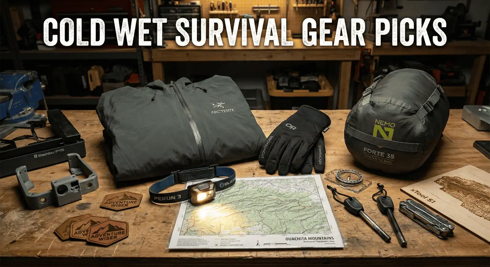 Essential cold and wet weather survival gear displayed on a wooden table, including a jacket, gloves, headlamp, map, and compact tools for outdoor emergencies.