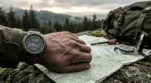 Close-up of a rugged survival watch on a hiker's wrist, resting on a topographic map during an outdoor adventure, emphasizing preparedness and navigation skills.
