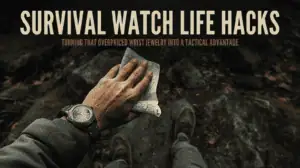 Close-up of a person using a survival watch for tactical purposes, demonstrating how to turn an everyday wristwatch into a useful survival tool in outdoor emergencies.